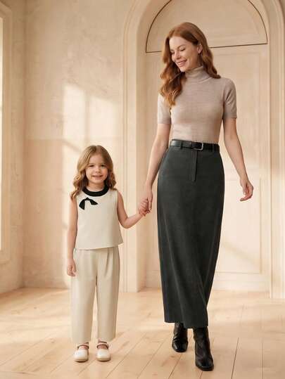 SHEIN Girls' Contrast Color Round Neck Sleeveless Wide Leg Pants Set, Featuring White Main Body With Black Collar + Bow Decor, Chic And Playful Sleeveless Top + Flowy Wide Leg Pants, Comfortable For Summer Activities. Suitable For Daily Outings, Casual Gatherings, Light Travel And Other Occasions, Belongs To Sweet And , Elegant And Dynamic Girls 2-Piece Set