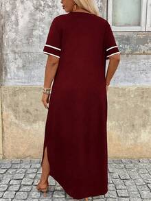 Breezaya Plus Size Women Striped V-Neck Short Sleeve Casual Dress - Burgundy - View 2