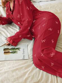 Dream Adore Blue Striped Bow Print Patchwork Contrast Color Lapel Long Sleeve Pajama Set For Women - Red - View 6
