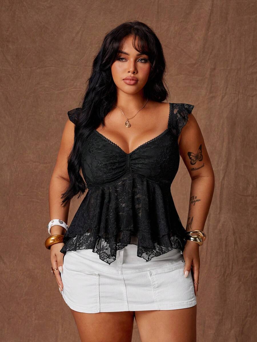 Rustia Plus Size Women's New Lace Backless Crop Top, Fitted Elegant Top For Summer Wedding Black - Black - View 1