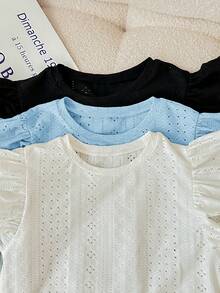 SHEIN LMoss Kids 3件套/少女套装/少女休闲提花针织纯色圆领短袖上衣 - 藍色 - 查看 5