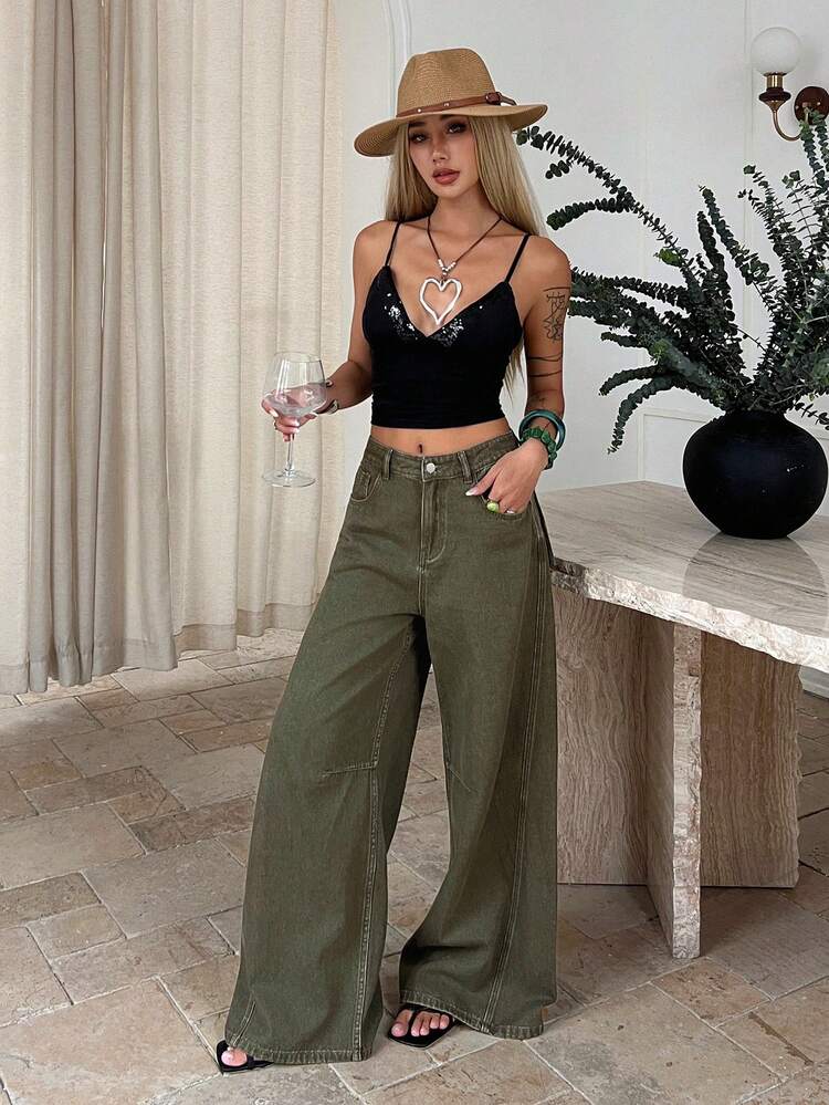 Women's Loose Fit Distressed Military Green Casual Jeans, Suitable For Spring & Summer