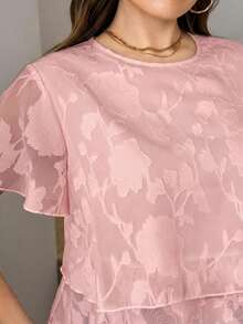 SHEIN LUNE Plus Size Women Baby Pink Flowy Ruffle Hem Short Sleeve Blouse, Elegant Summer Work Commute, Spring Beach Easter - Pink - View 7