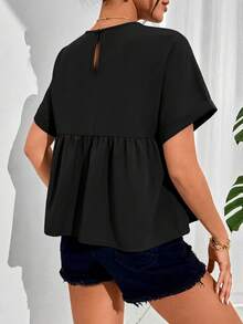 SHEIN Essnce Women Summer Solid Color Round Neck Short Sleeve Loose Blouse,Short Sleeve Tops - Black - View 2