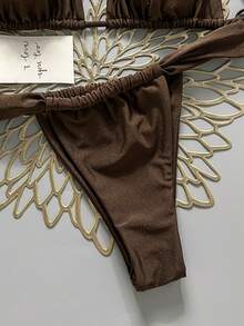 SHEIN Swim Vcay 女士夏季沙滩纯色性感比基尼泳衣套装 棕色内衣套装 棕色两件式泳衣 棕色比基尼 女士比基尼套装 女士泳装两件套 - 棕色 - 查看 4