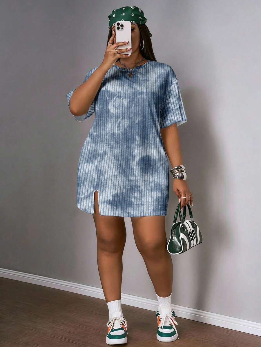 Slaydiva Tie-Dye Textured Plus Size Women Short Sleeve Dress, Suitable For Music Festivals - Multicolor - View 1