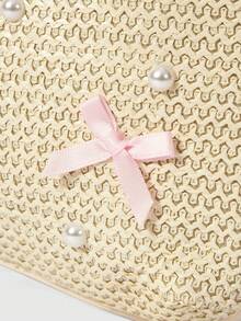 ROMWE Fairycore A Set Of Floral Crocheted Beach Handbags And Accessories, Stylish Personalized Beach Resort Style Shell Lace Lady Messenger Bag - Straw bag pink bow - View 4