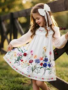 SHEIN 女童（小号）印花网纱宽松优雅连衣裙 - 彩色 - 查看 3