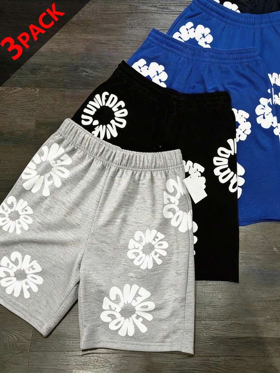 SHEIN 3件套青少年男童休闲撞色反光条短裤套装,黑/灰/蓝,适合运动、居家、学校、校园、大学等场合。 - 彩色 - 查看 1