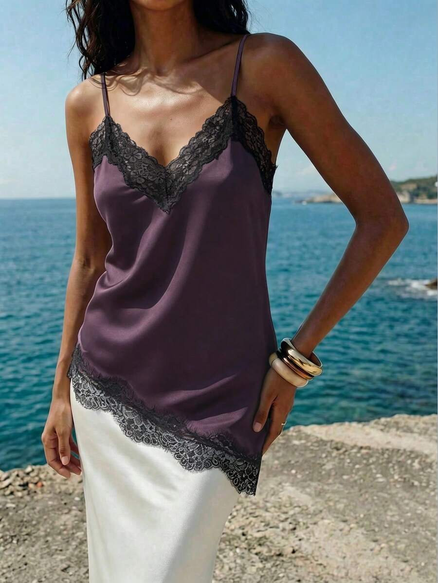 Nevyona Women's Lace Patchwork Asymmetrical Camisole, Sexy & Sleeveless, Spring/Summer - Purple - View 1
