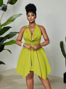 Maweii Plus Size Women's Olive Green Summer 70's Night Out Club Party Elegant Jacquard High Stretch Halter Neck Dress,Metal Decor,Backless Asymmetric Hem - Green - View 4