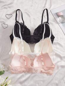 3pcs Women's Fashion Minimalist Heart Lace Wireless Front Closure Bra Set - Multicolor - View 2