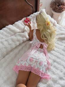 CottageSlumber Sweet Girl Floral Lace Patchwork Bow Back Mini Dress, Sexy Summer Vacation Chiffon Dress In Pink - Pink - View 3