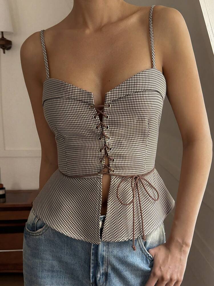 Plaid Tie-Waist Camisole, Casual Vacation Beach Summer Top For Women