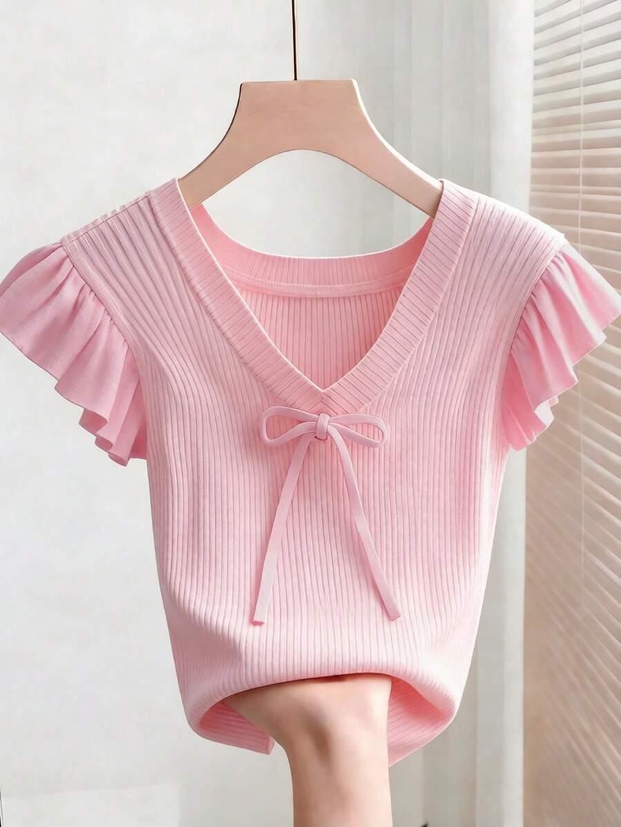 SHEIN Franclia Women's Elegant Ruffle Bow Tie T-Shirt - Pink - View 1