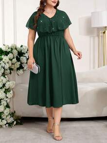 SHEIN Clasi Plus Size Women Elegant Patchwork Ruffle Beaded Design Dress - Dark Green - View 12