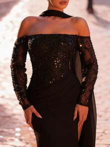 Aureia Elegant Luxury One-Shoulder Sparkling Beaded Embroidered Mesh Ruched Waist Hip Mermaid Hem Dress For Wedding Party Formal - Black - View 2
