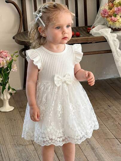 LMoss Kids 女婴针织纯色荷叶边网纱刺绣休闲连衣裙
