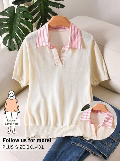 CosyJoli Büyük Beden Şık Fransız Tarzı Günlük Yakalı Patchwork Örgü Bluz, Tatil, İşe Gidiş Geliş ve Günlük Kullanım İçin Uygun, Kısa Kollu