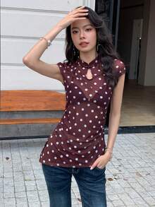 EastFlair Áo kiểu nữ tay ngắn in chấm bi, chất liệu mỏng, gợi cảm. - Cà phê nâu - Xem 10