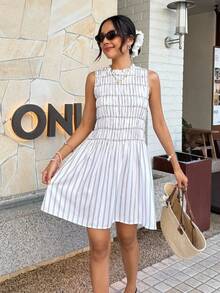Serisse Women's Pleated Collar Sleeveless Smocked Mini Dress,Pink And White Striped Boho Summer A-Line Dress For Holiday,Vacation,Beach,Party,Wedding,Spring - Multicolor - View 4