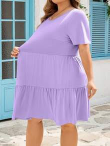 SHEIN CURVE+ 大码休闲纯色短袖连衣裙，夏季 - 紫色 - 查看 9