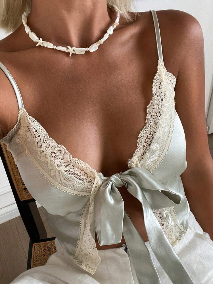 Contrast Lace Tie-Waist Bow Decor Cropped Camisole Top, Elegant Vacation Sexy Summer Vest For Women