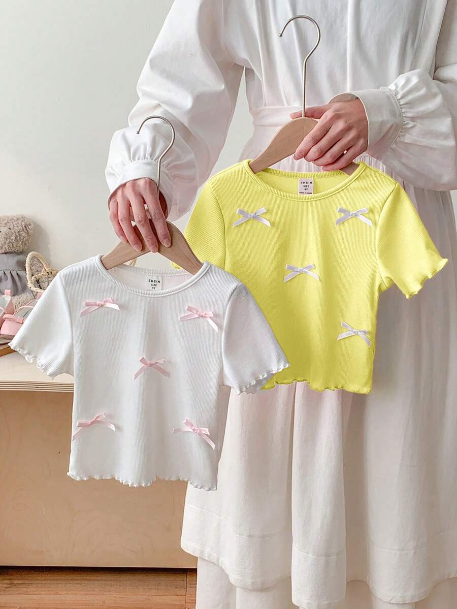 SHEIN LMoss Kids 2pcs Young Girl Solid Color Round Neck Fitted Casual T-Shirt Set - Multicolor - View 1