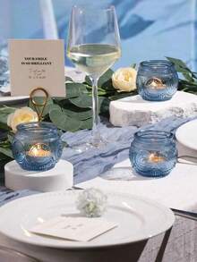 Set Tempat Lilin Kaca Biru Antik Isi 6 atau 12 Buah Dekorasi Meja Pernikahan Gaya Boho Pesta Teh Suvenir Pesta Pengantin Hiasan Tengah Meja Rustic Hadiah untuk Tamu - biru - View 3