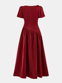 Firerie Kids Tween Girls Elegant Burgundy French Hollow Collar Tie Waist Ruffle Graceful Dress - Burgundy - View 5
