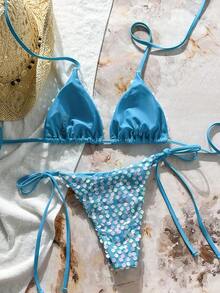 Costavie Swim Mod 两件式泳衣，纯色亮片纹理挂脖三角胸罩上衣和侧系带泳裤性感比基尼套装，春夏海滩度假 Ytk 服装 Zestiva 泳装 Zante 假日套装夏季新品，适合度假邮轮旅行海滩日光浴日常穿着两件套亮片比基尼闪亮比基尼套装 - 薄荷藍 - 查看 2