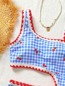 SHEIN Traje de baño de una pieza con estampado de cuadros y cerezas para adolescentes, adecuado para vacaciones en la playa, fiestas en la piscina y fiestas en la playa - Multicolor - Ver 6