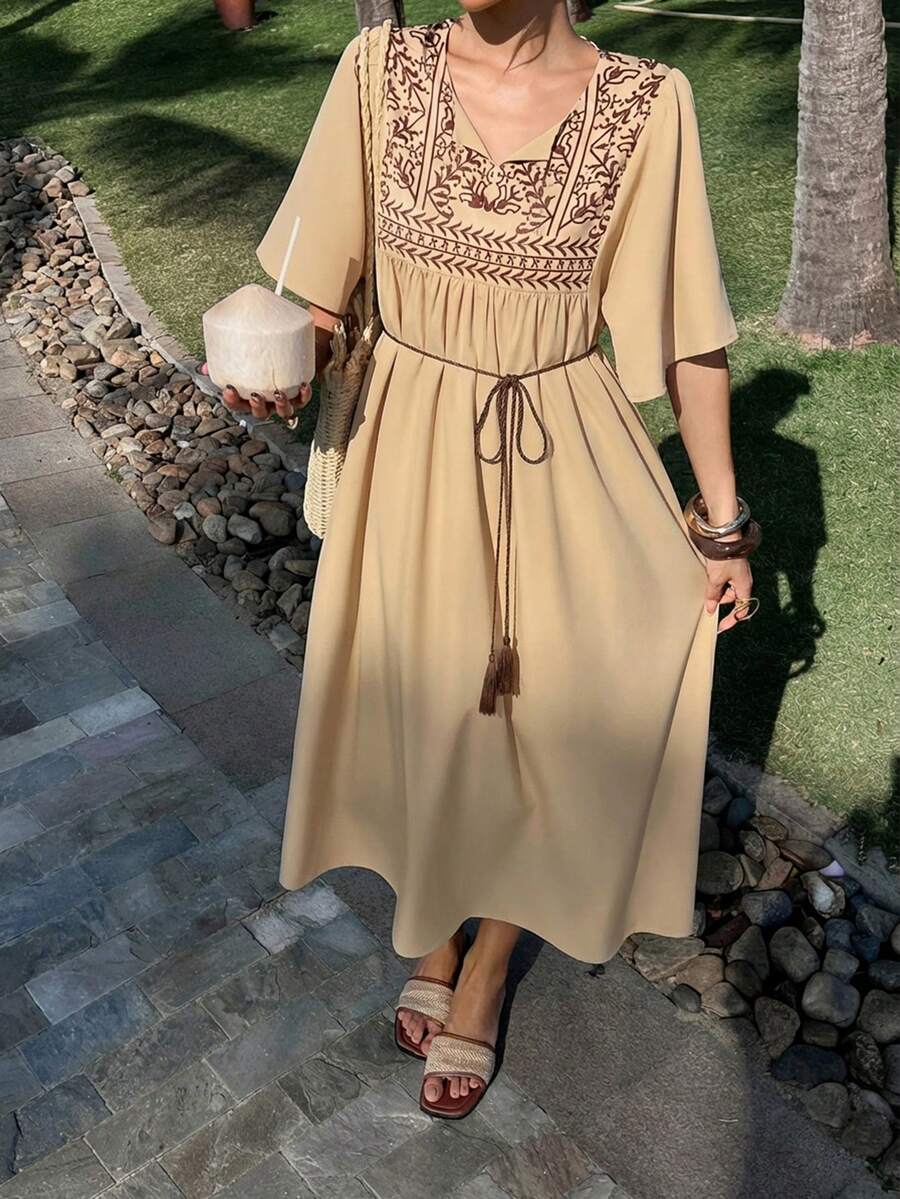 DAZY Vintage Heavily Embroidered Long Loose Flattering Vacation Dress, For Teen Girls Sun Dresses For Girl Summer - Khaki - View 1
