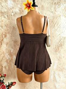 Swim Lushoire Plus Size Halter Bikini Made Of Wavy Fabric, Mature Minimalist European And American Style Swimwear - Brown - View 8
