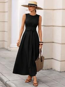 Editum 女士新款优雅束腰显瘦亚麻质感系带口袋连衣裙，适合日常通勤、教师、办公室穿着 - 黑色 - 查看 7