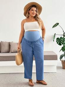 Plussiva 可调节腰带抽绳口袋休闲孕妇裤，加大码 - 藍色 - 查看 4