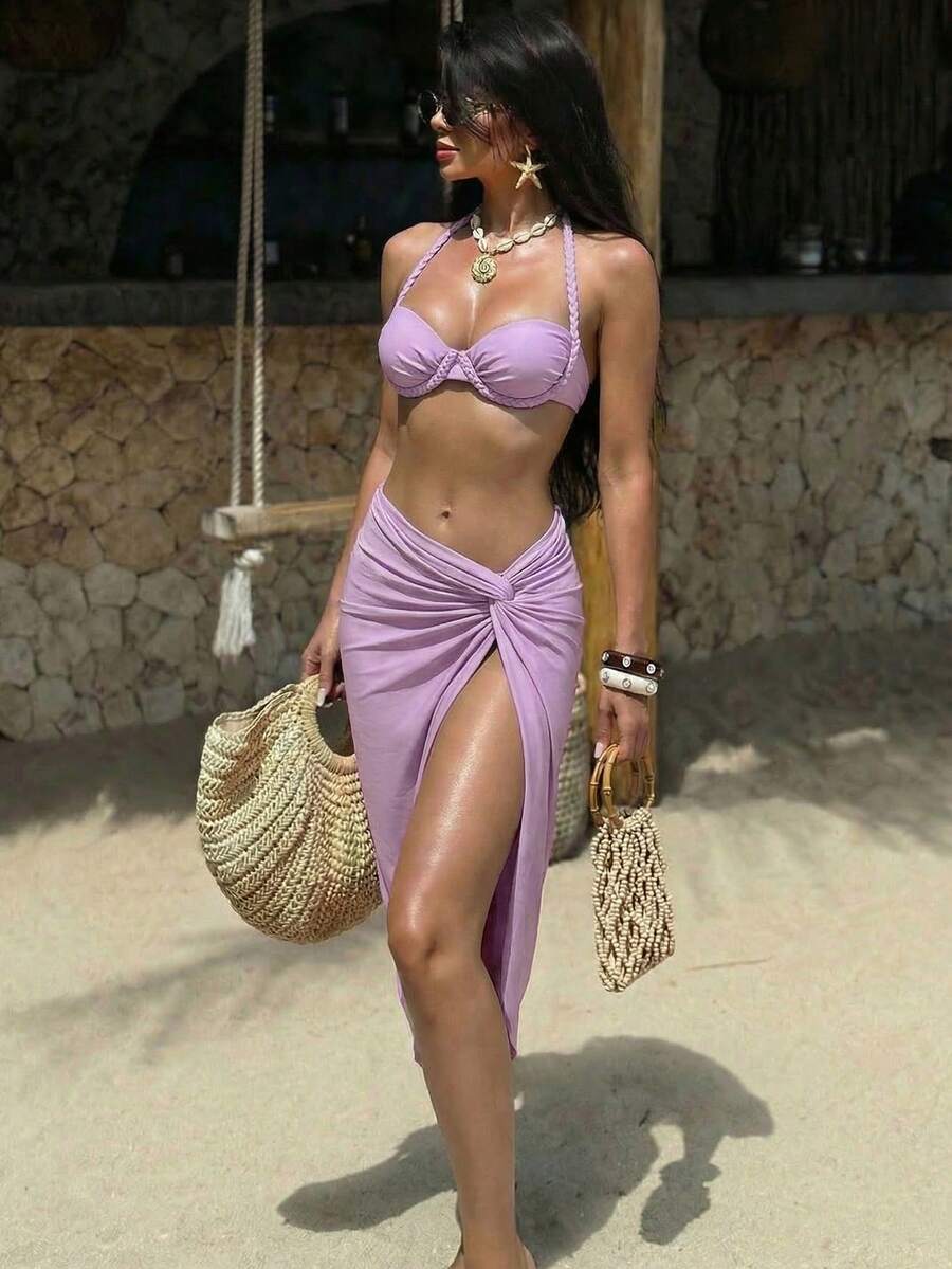 Bonvoyette 夏季新款欧美女士夏季沙滩纯色吊带系带休闲比基尼三角裤泳装套装,含裙子,适合度假、海滩、节日、派对、婚礼宾客等场合,优雅连衣裙。 - 紫丁香色 - 查看 1