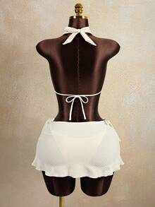 Zestiva Conjunto de 3 piezas de traje de baño de verano para mujer, top con cuello anudado con cuentas emparejado con falda de baño de múltiples capas tipo pastel - Albaricoque - Ver 2