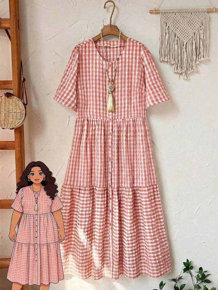 Plus Size Women's Casual Vacation Round Neck Sleeveless Ruffle Hem Leaf Print Blue Dress, Spring/Summer, Plus Size Women's Summer Casual Vacation Country Round Neck Loose Fit Basic Short Sleeve Pink Plaid Long Dress, Spring/Summer/Plaid,Summer Holiday,Spring Break Outfits ,Vacation Outfits Women ,Holiday Outfits For Women,Going Out Outfits,2026 New Clothes,Simple And Fashionable For Everyday Wear,Casual Dresses For Women,Flowy Long Dress ,Suitable For Summer, Vacation, Commute, Daily Wear, Summer Dresses,Gifts For Mother