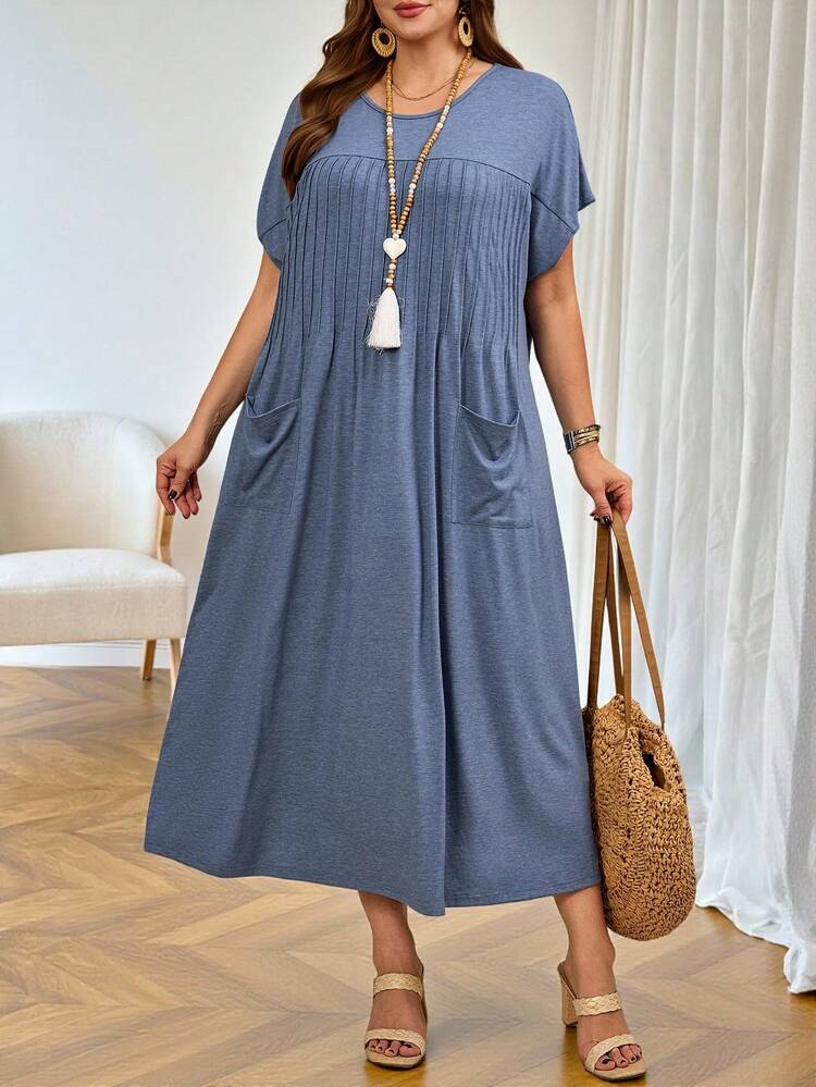 Plus Size Women's Summer Casual Vacation Country Solid Color Blue Short Sleeve Midi Dress,Summer Outfits For Women ,Vacation Outfits Women ,Holiday Outfits For Women,Going Out Outfits,2026 New Clothes,Simple And Fashionable For Everyday Wear,Suitable For Summer, Vacation, Daily Wear, Festival Outfits For Women,Country Concert Outfit,Beach Outfits For Women,Western Style,Flowy Dress