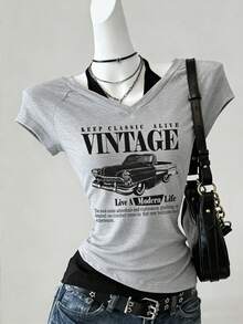 Tween Girls' Casual 2 In 1 Streetwear T-Shirt, This T-Shirt Features Letter Slogan And Car Graphic Prints, With Cold Shoulder Short Sleeves Design, Suitable For Summer Leisure Activities, Shopping And Photo-Taking. - Grey - View 3