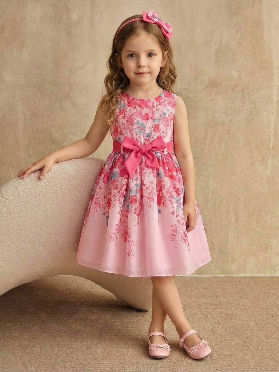SHEIN Đầm hoa nhí thanh lịch cho bé gái, có thắt lưng, thích hợp cho các buổi đi chơi và kỳ nghỉ. - Màu Hồng Tươi - Xem 1