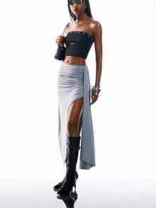 Airlisse Damen einfarbiger Plissee-Volant-Design Lässig vielseitig Ausflug Sommer Rock - Graublau - Übersicht 7