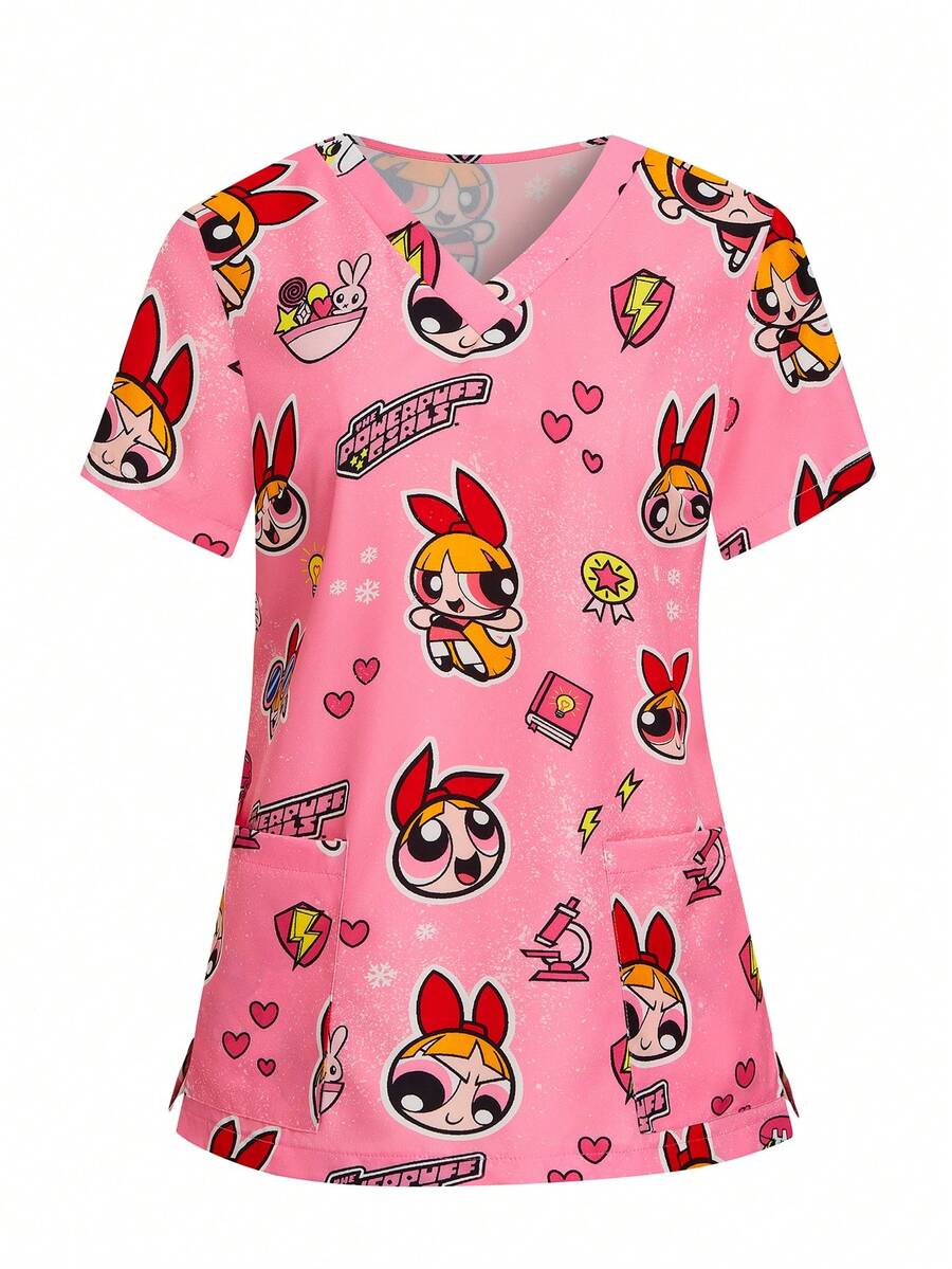 PopScrub THE POWERPUFF GIRLS X SHEIN 女款軟粉色愛心印花護理師制服,口袋短袖刷手服上衣,全印花短袖刷手襯衫 - 粉色 - 查看 1