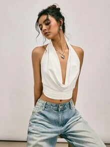 Easelle Top de tirantes de cuello halter de punto blanco para mujer - Blanco - Ver 12