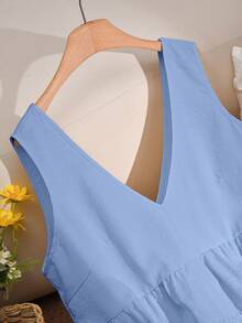 CosyJoli Blus Tanpa Lengan Kasual Wanita Ukuran Besar dengan Hiasan Renda - Biru - View 4