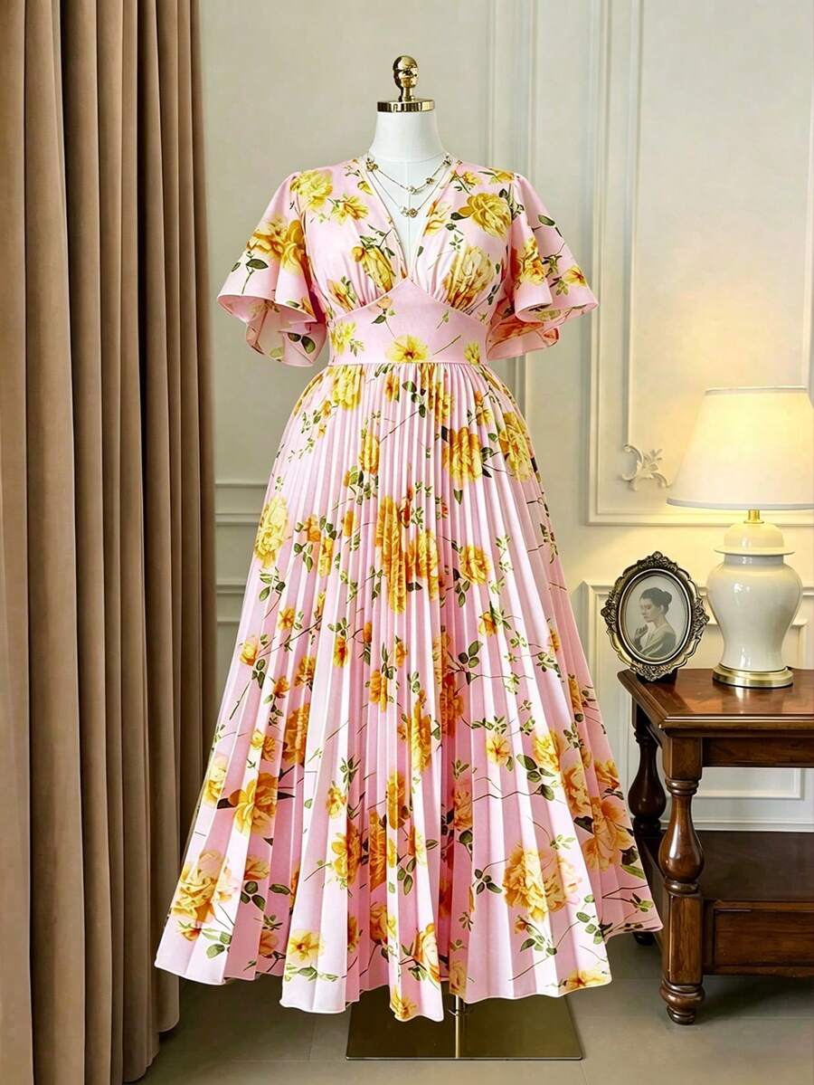 Rometta Plus Size Women V-Neck Short Sleeve Printed Pleated Dress - Yellow - View 1