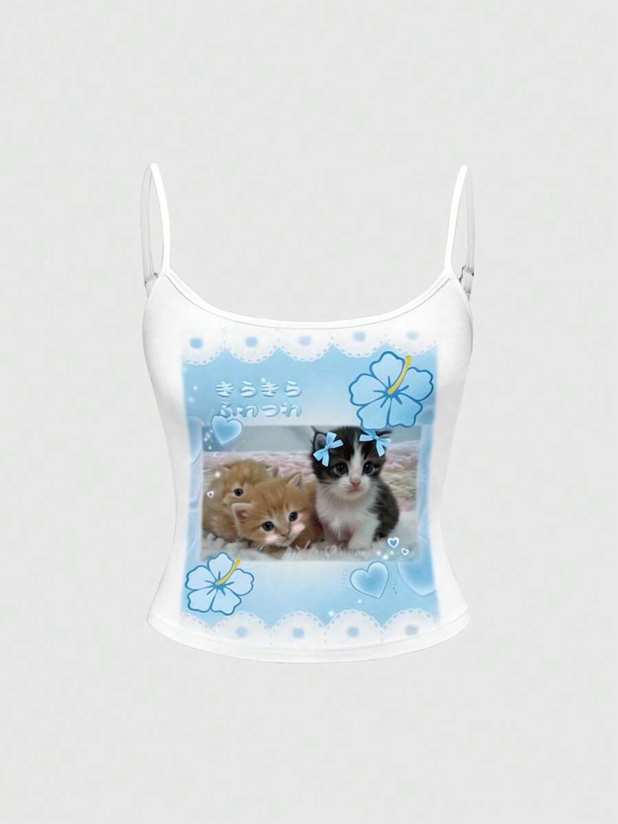ROMWE Kawaii Cute Kitty & Floral Print Camisole Tank Top, Adorable College Style For Women - Blue - View 1