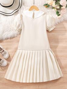 SHEIN Tween Girl Textured Fabric Contrast Color Collar Short Petal Sleeve Bow Decor Cute Dress - Apricot - View 2