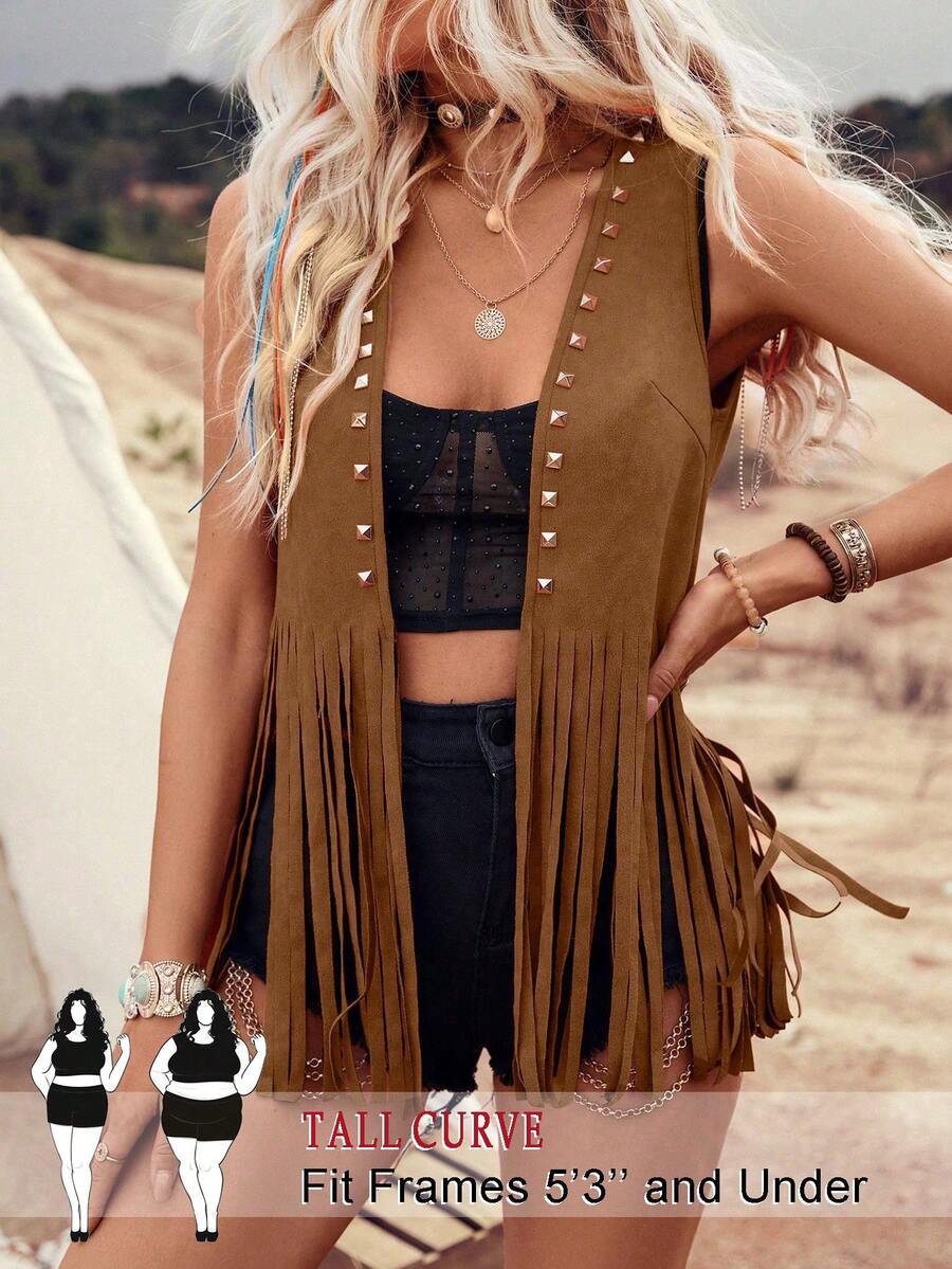 SHEIN Tall CURVE 大码西部牛仔流苏铆钉休闲无袖轻薄外套，适合春、夏、秋季穿着。 - 棕色 - 查看 1